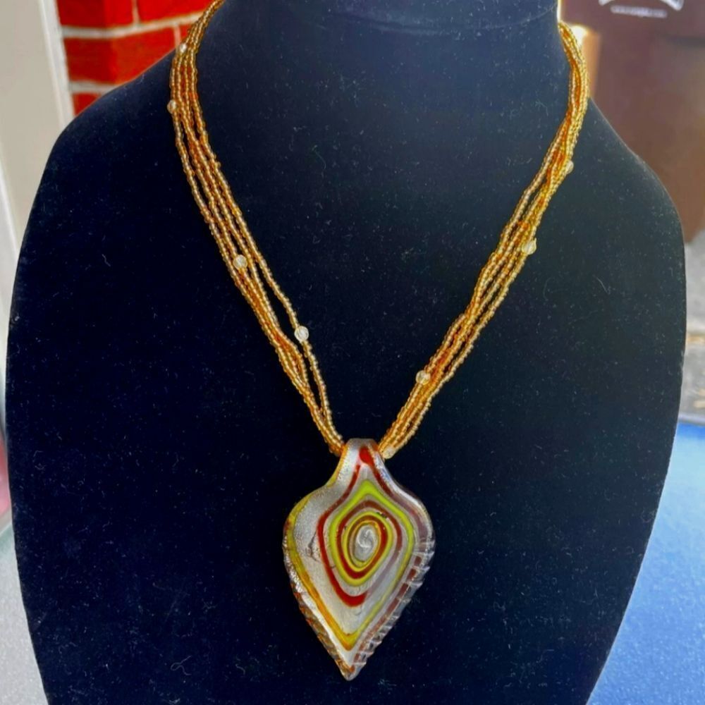 Hand Blown Glass Necklace Pendant   Murano Style Art Brown Gold